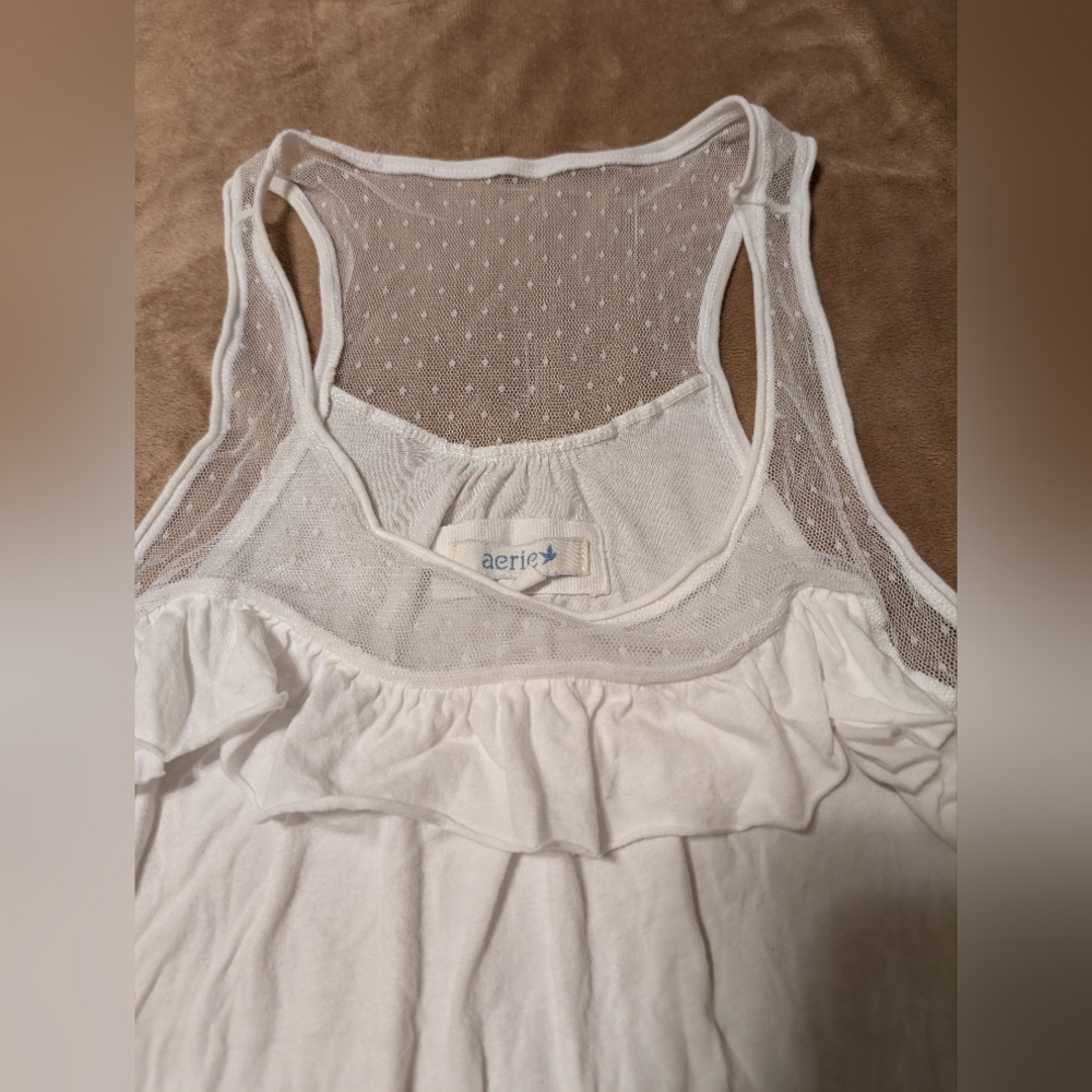 Aerie White Mesh & Cotton Ruffle Tank